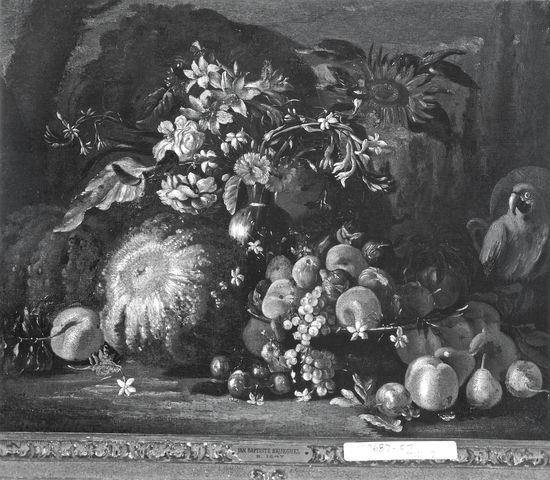 Anonimo — Anonimo napoletano sec. XVII/ XVIII - Natura morta con fiori, frutta e pappagallo — insieme